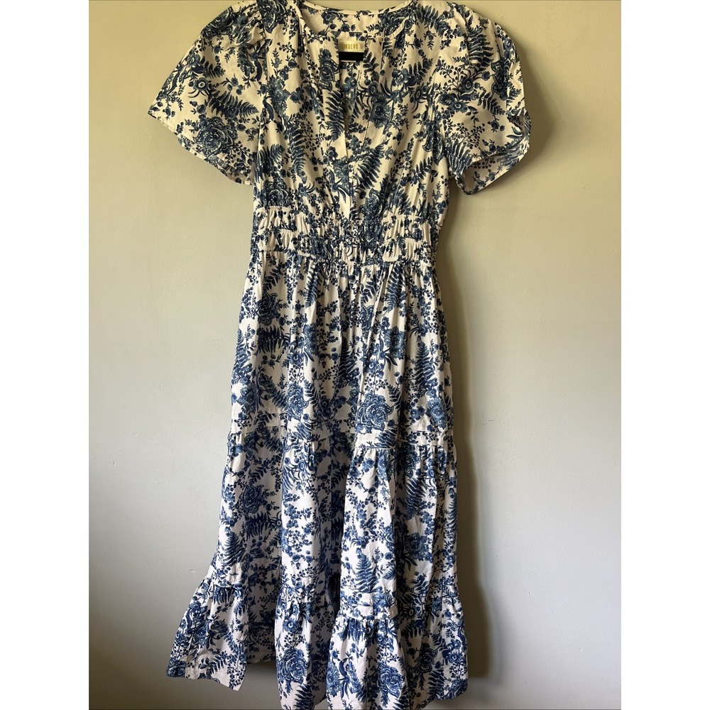 Anthropologie Maeve Somerset Dress in Ivory Blue Floral Tiered Cotton Dress XS